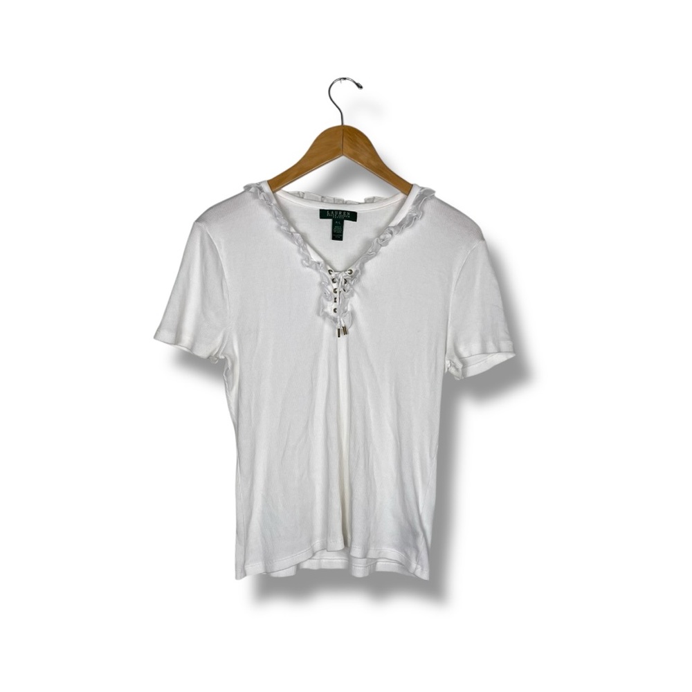 VTG Lauren Ralph Lauren Lace Up Cotton Top Ruffle Ribbed Cotton White Lrg Petite